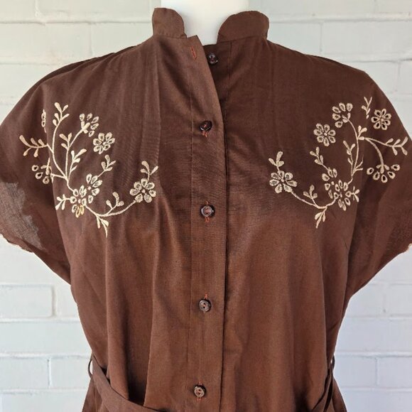 Vintage Chocolate Brown Embroidered Linen Shift Dress with Buttons & Tie Accent - Picture 6 of 13